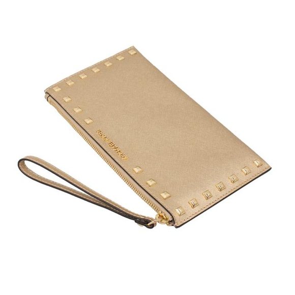 NWT Michael Kors Large Zip Gold Leather Clutch - Picture 2 of 13